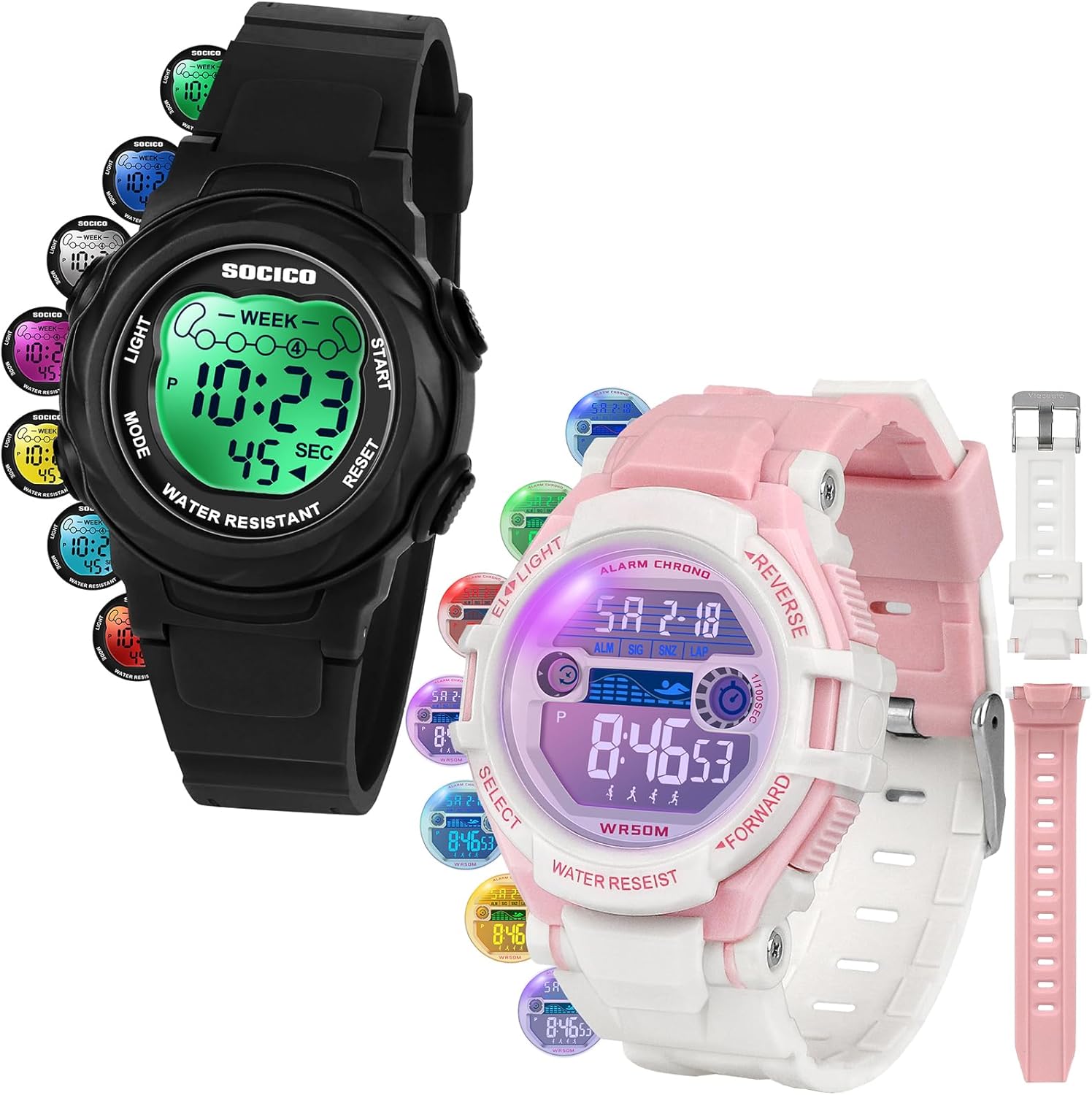 SOCICO Kids Digital Watches for Boys Teen Girls, 7 Color Lights Waterproof Sports Watch for Kids with Stopwatch Alarm, Great Present for Girls Ages 5-18 Teenagers