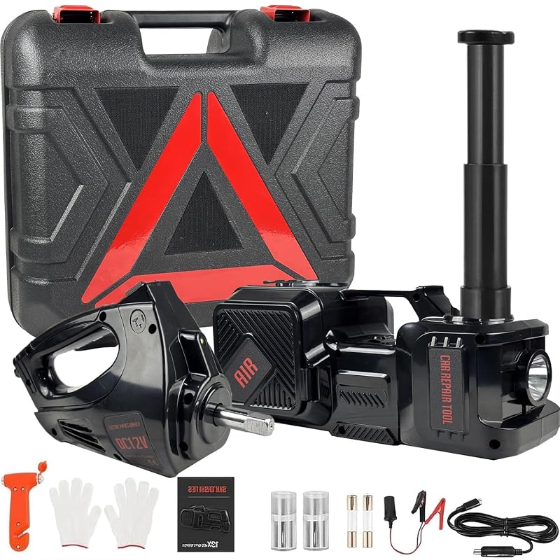 Macaco hidráulico elétrico 12 V de 5 toneladas com chave de impacto, bomba de inflação e luz LED FEANISIFEI Kit TYT-017B-Kit