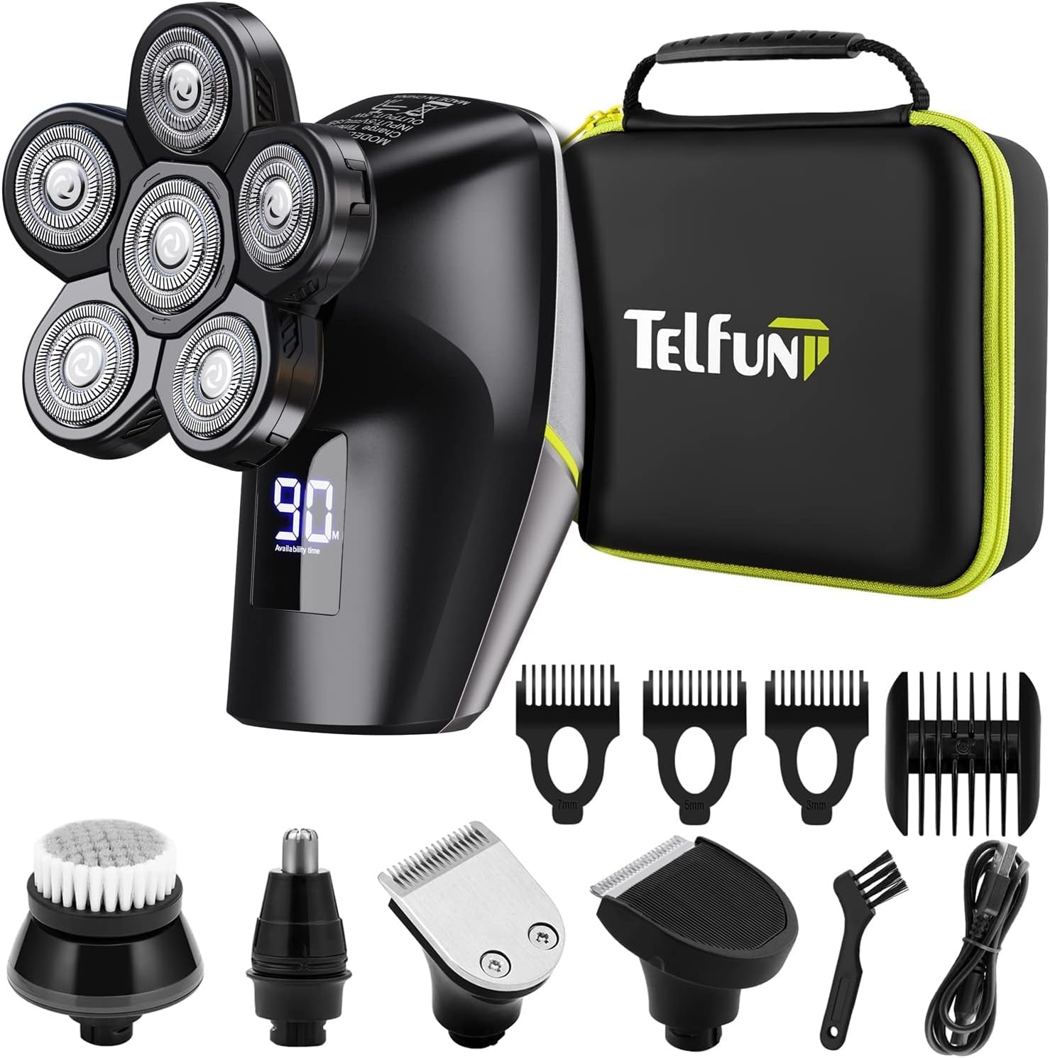 Telfun 6D Head Shavers for Bald Men w/Travel Case, Anti-Pinch Electric Razor for Men, 5-in-1 Mens/Women's Grooming Kit w/Nose & Ear Trimmer, Beard Trimmer for Men, Waterproof Wet/Dry, LED Display