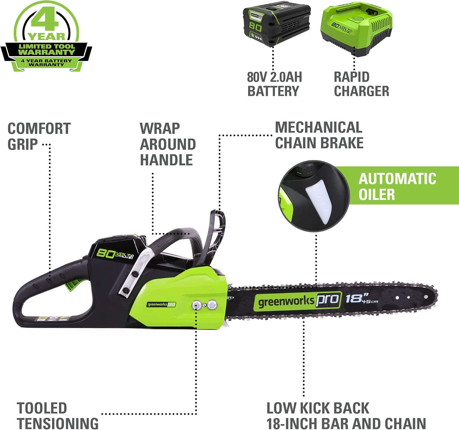 Greenworks Pro 80V 18-Inch Brushless Cordless Chainsaw, 2.0Ah Battery and Rapid Charger Included GCS80421