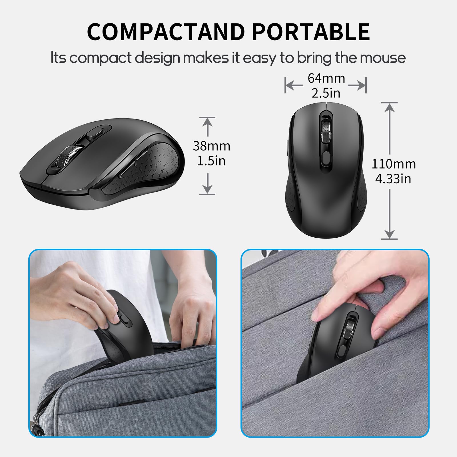 Ergonomische 6-Tasten-Maus, leise, kabellos, Seitentaste, schwarz, kein Licht | 1000/1600/2400 DPI, Anti-Rutsch-Rolle, USB-Nano-Empfänger, kompatibel mit Laptop, PC, Chromebook, Mac & MacBook