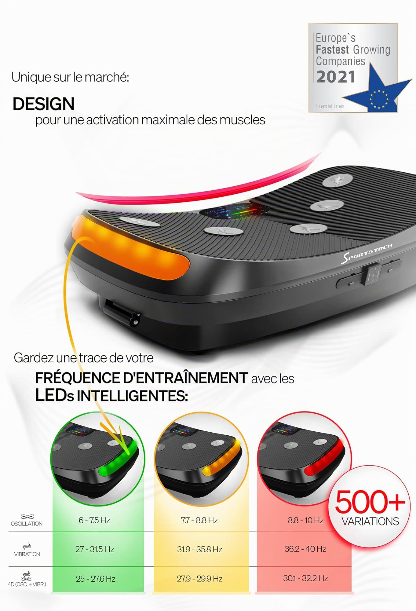 Sportstech VP400 Plateforme Vibrante Oscillante Professionnelle Fitness avec Technologie de Vibration 4D, fréquence jusqu'à 40Hz, Design courbé, 2 puissants Moteurs + télécommande + écran Tactile