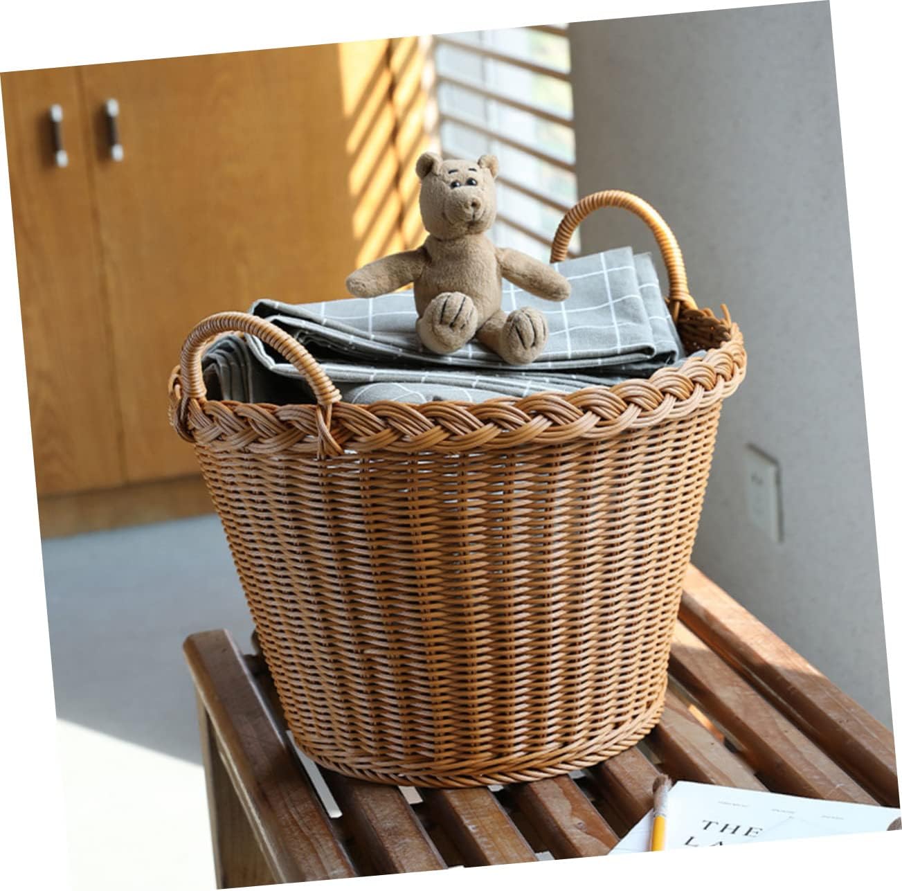Laundry Hamper Basket Lightweight Portable Dirty Clothes Storage Basket with Handle Simulation Rattan Woven Design Smooth Surface Safe and Space Saving for Home Use