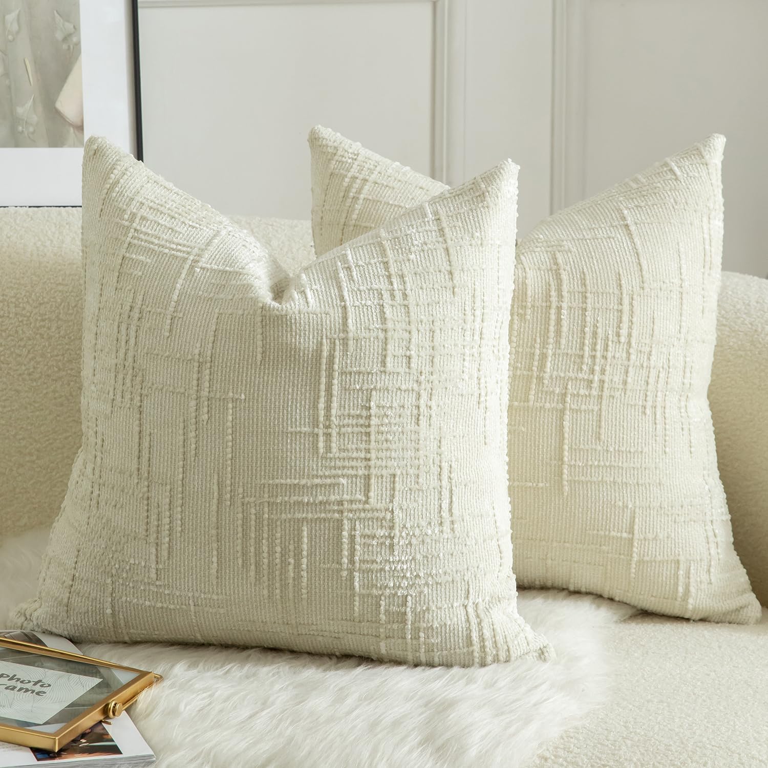 Mandioo Pack of 2 Solid Decorative Soft Chenille Cream White Cushion Covers 65x65cm 26x26 Inch Lumbar Accent Solid Throw Pillow Case Soft Cozy Luxury Pillow Covers for Sofa Couch Bedroom — image 1