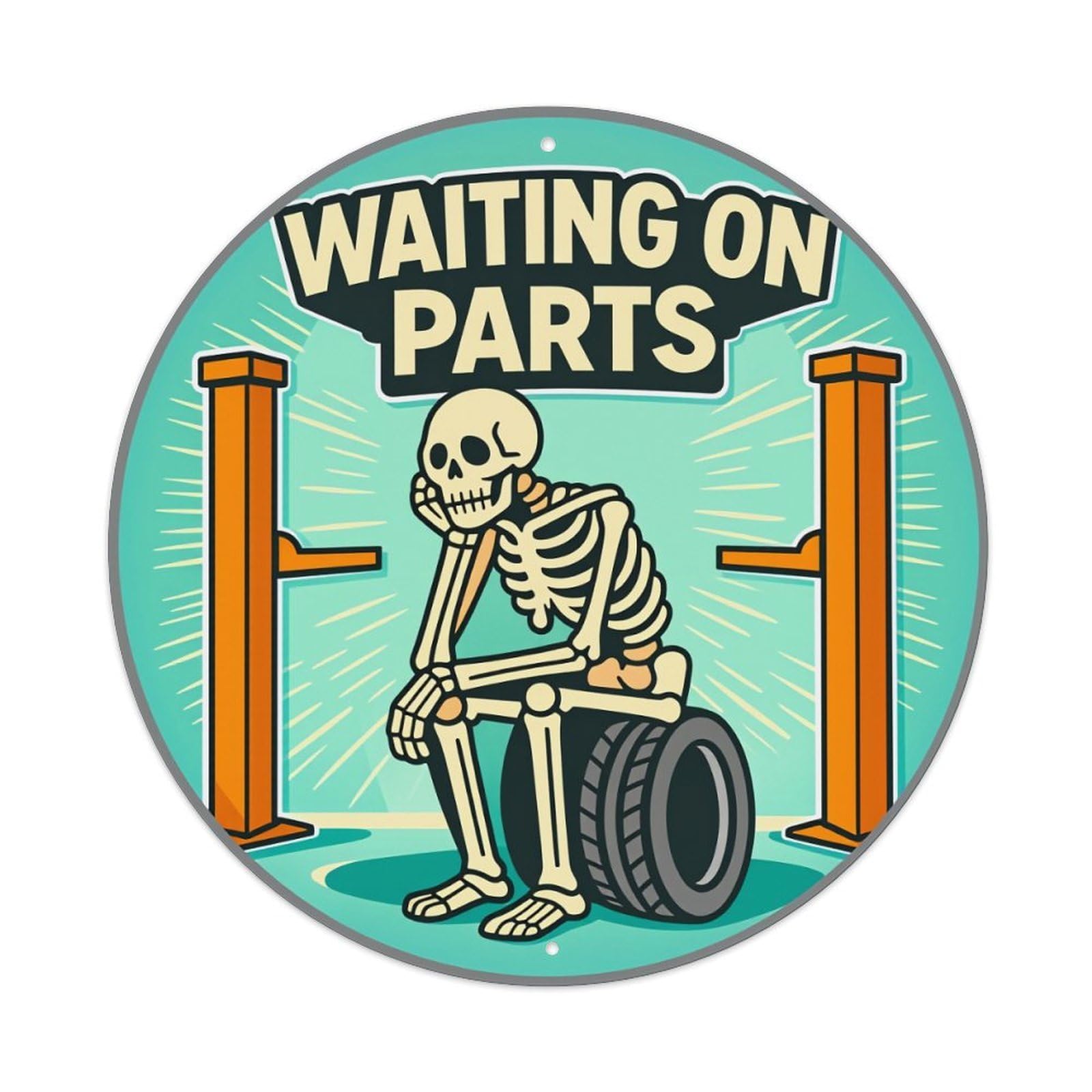 Waiting On Parts Skeleton Tire Tin Sign Vintage Style Home Bar Garden Wall Plaque Decor Metal Poster 8x12 Inch