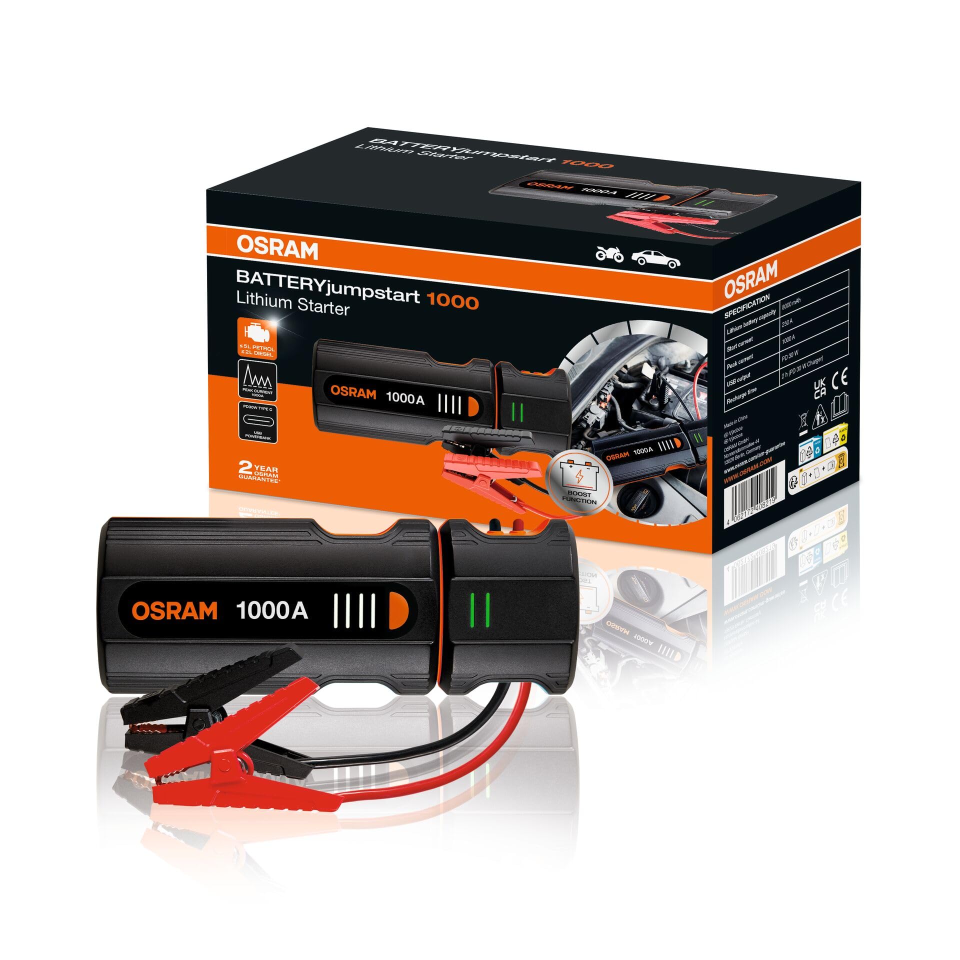 OSRAM BATTERYjumpstart 1000, Banco de energía de Arranque Auxiliar, arrancador Auxiliar de Litio, para vehículos de 12 V con Motores de Gasolina de hasta 5,0 L y diésel de 2,0 L