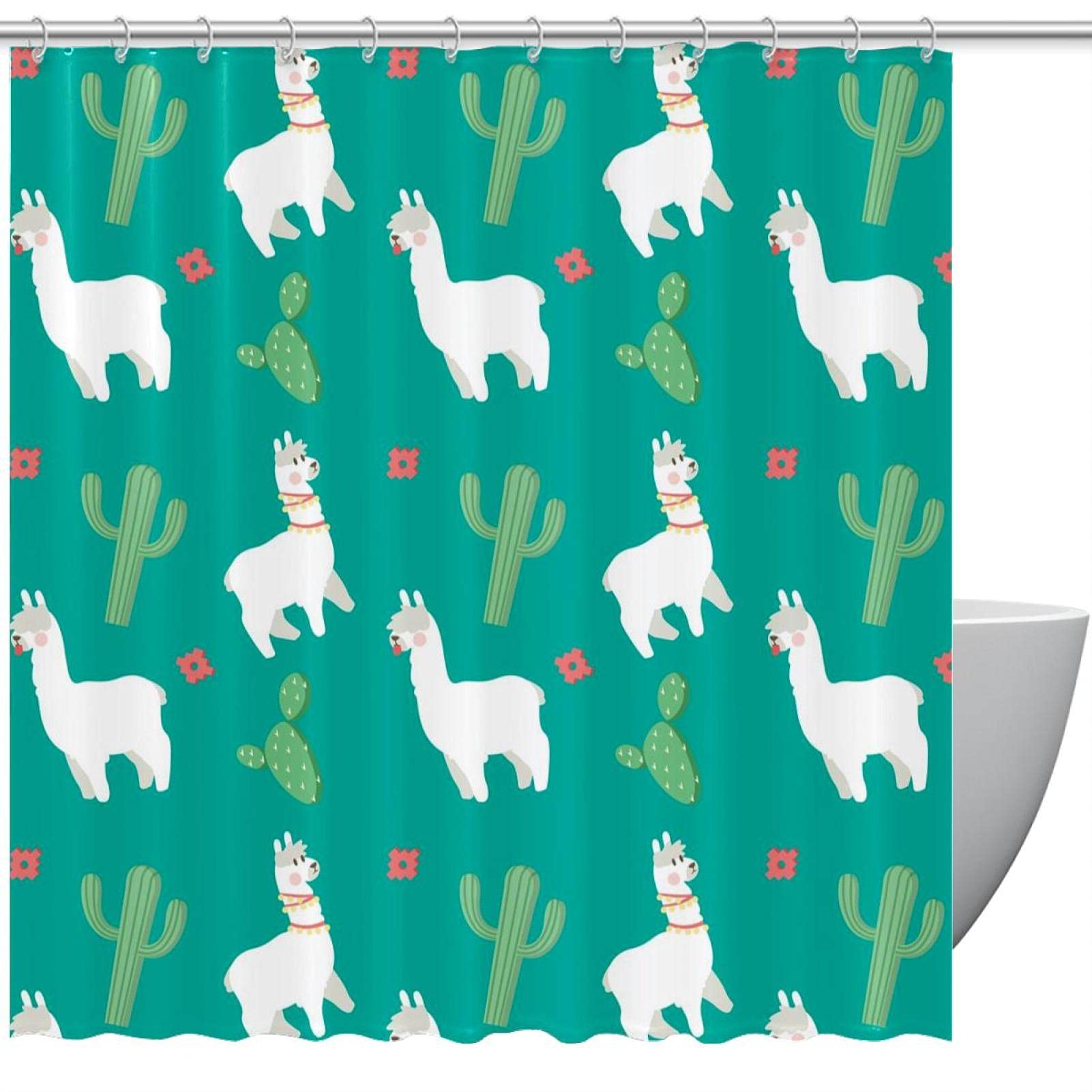 Rideau de douche blanc imperméable motif alpaga et cactus vert pour baignoire 12 anneaux