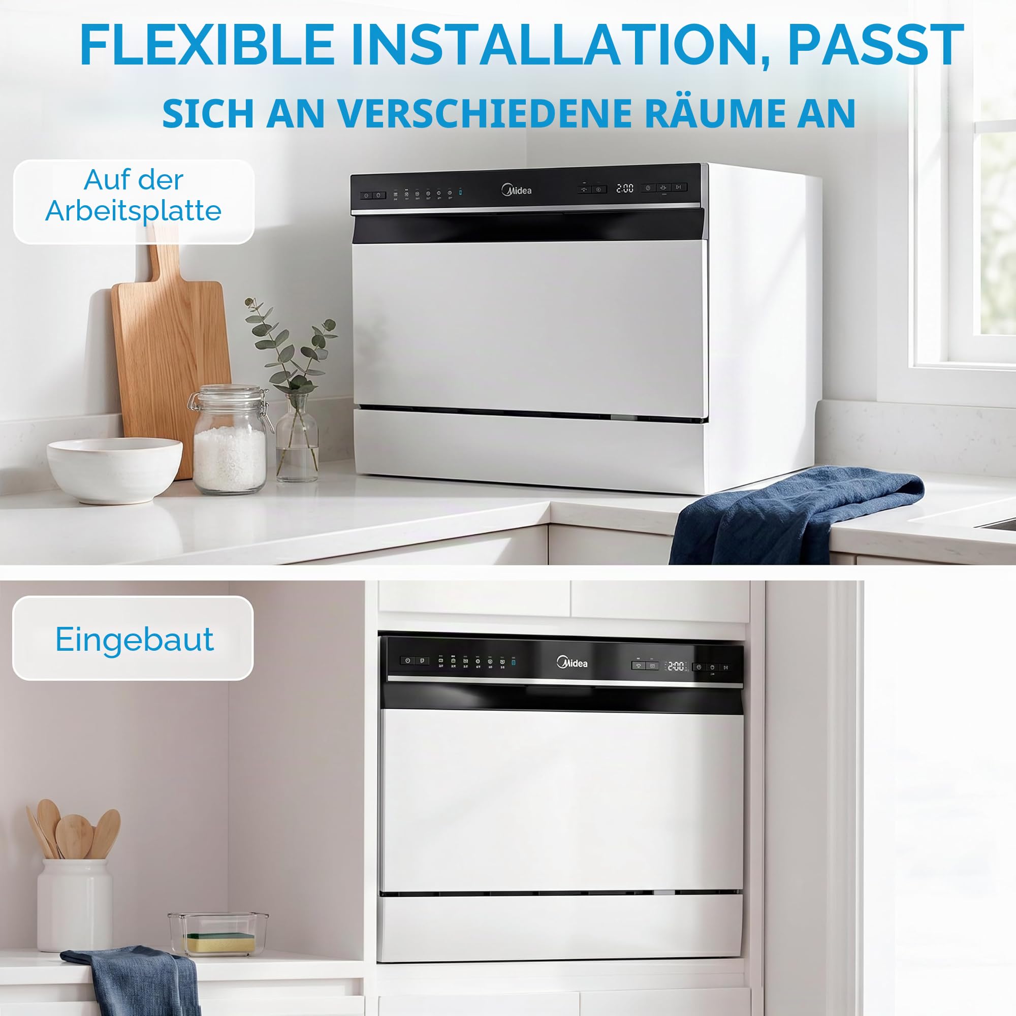 Midea Kleiner Geschirrspüler, Weiß, 55 cm, für 6 Personen, kompakt und tragbar, ohne Installation, Spülmaschine mit App Control, 6 Programme, antibakterieller Filter 49 dB, neues Modell