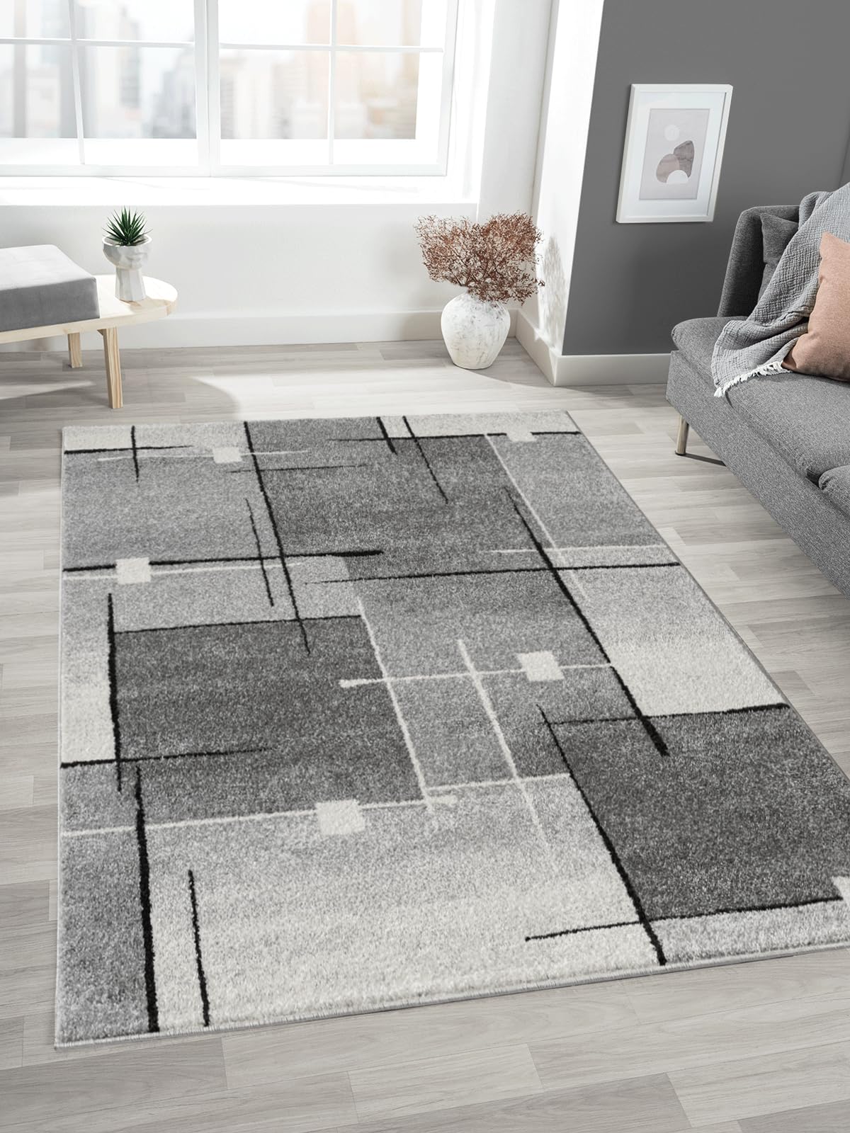 Mia's Teppiche Mosaix - Alfombra Moderna de Pelo Corto para salón y Dormitorio, Corte de Contorno, diseño geométrico a Cuadros, Color Gris, 140 x 200 cm