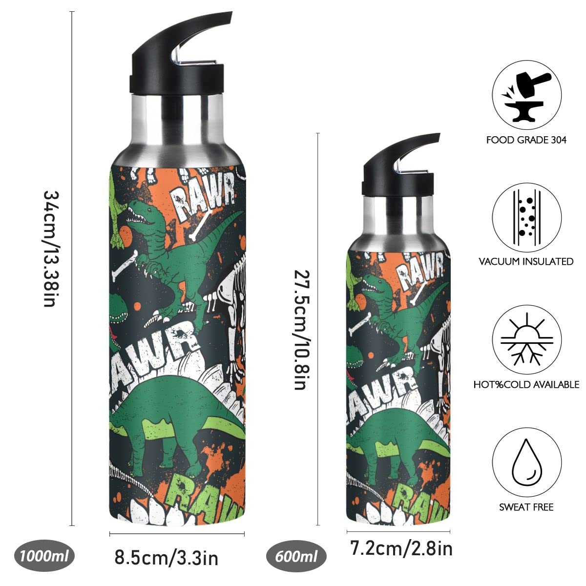 Edelstahl Wasserflasche mit Strohhalm, Cool Dinosaurier Isolierte Trinkflasche Sport Wasserflasche für Kinder Erwachsene, auslaufsicher, 1L