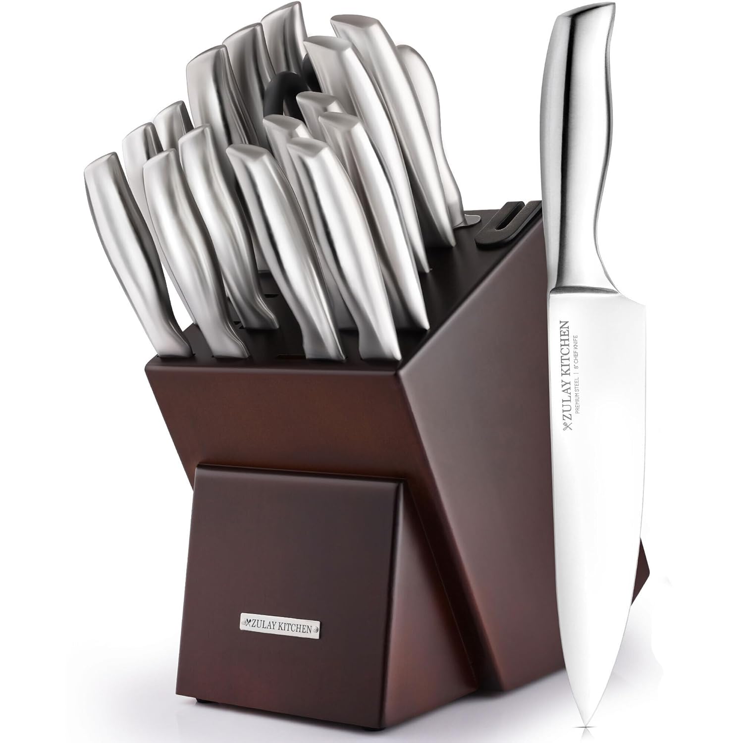 Zulay 18 Piece Stainless Steel Knife Set with Block and Sharpener - Sharp Knife Block Set with Built