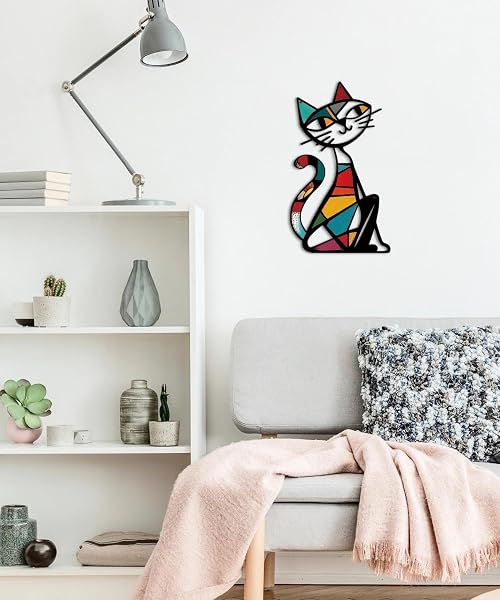 Putuo Decor Décoration murale en métal en forme de chat Mid-Century - Aspect mosaïque - Sculpture murale en fer pour salon, couloir, cuisine, bureau - Environ 35 × 25 cm - Idée cadeau - 4