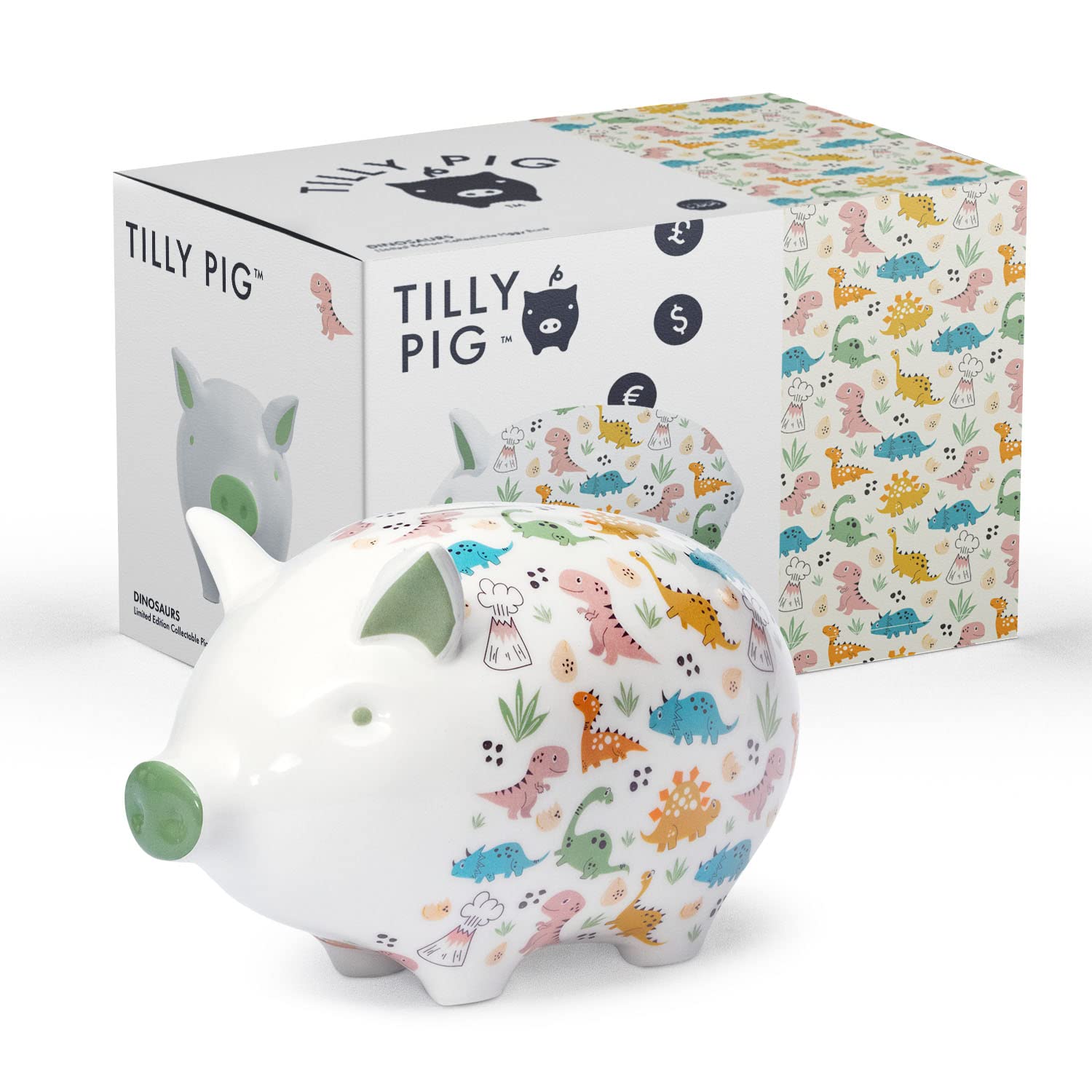 Tilly Pig Ceramic Piggy Bank Kids Boys Girls Fun Dinosaurs Design Money Box