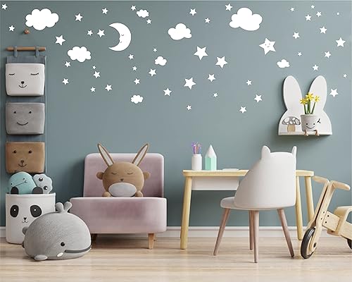 Miniatura 1 de Calcomanías de pared de luna creciente, estrellas y nubes, calcomanías de pared de luna y estrellas, cielo estrellado, decoración de sala de juegos,