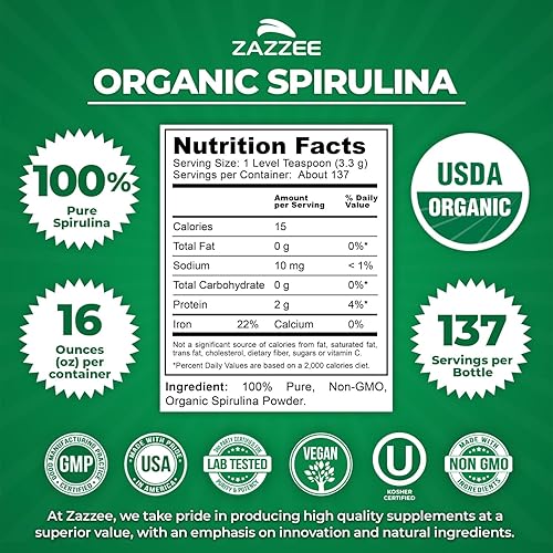 Miniatura 2 de Zazzee Polvo de espirulina orgánica, 16 onzas (1 libra), certificado USDA, 137 porciones, 100% puro, kosher, no irradiado, recipiente de boca ancha