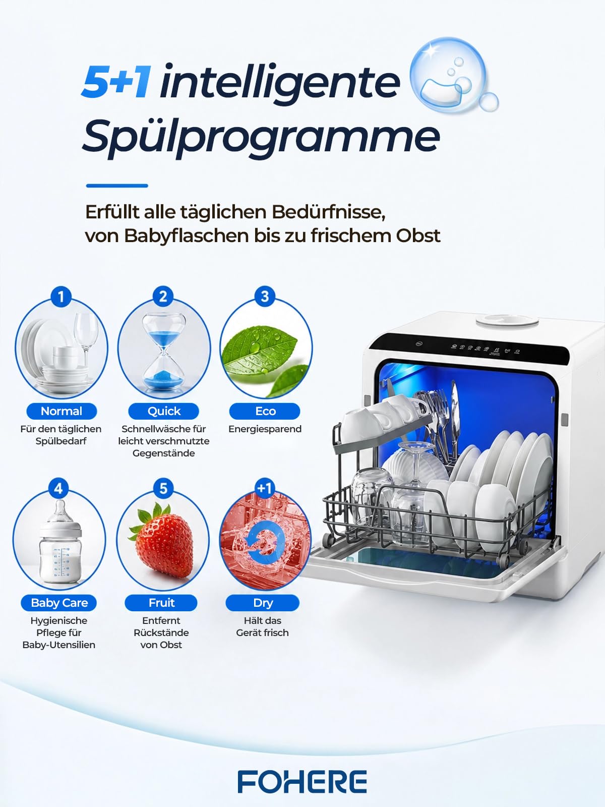 FOHERE Mini Geschirrspüler 5-Liter-Tank Timer-Funktion 2-in-1-Wasseranschluss 6 Programme LED-Display Tischgeschirrspüler 42,5×42,5×45,5