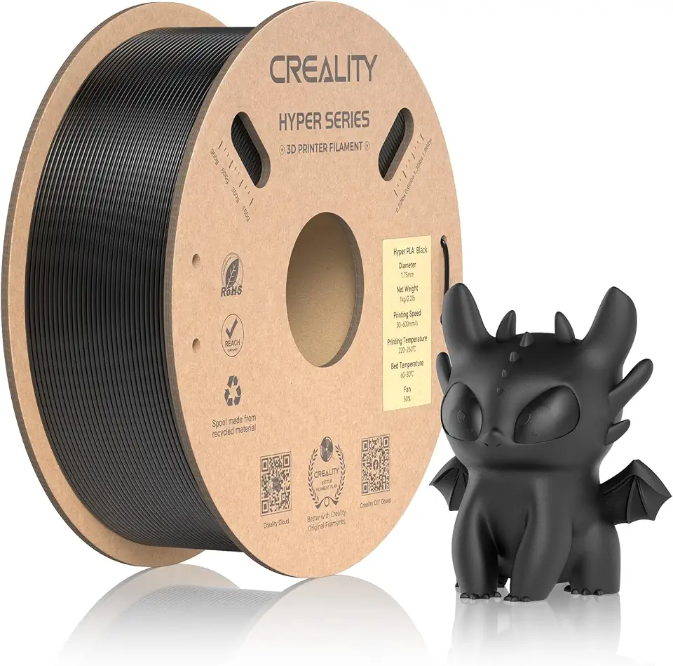 Creality Official Creality PLA Filament 1.75mm, Hyper PLA High Speed 30-600mm/s 3D Printer Filament PLA, 1KG(2.2lbs) Spool Black PLA, Dimensional Accuracy +/-0.02mm, Fit Most FDM 3D Printer