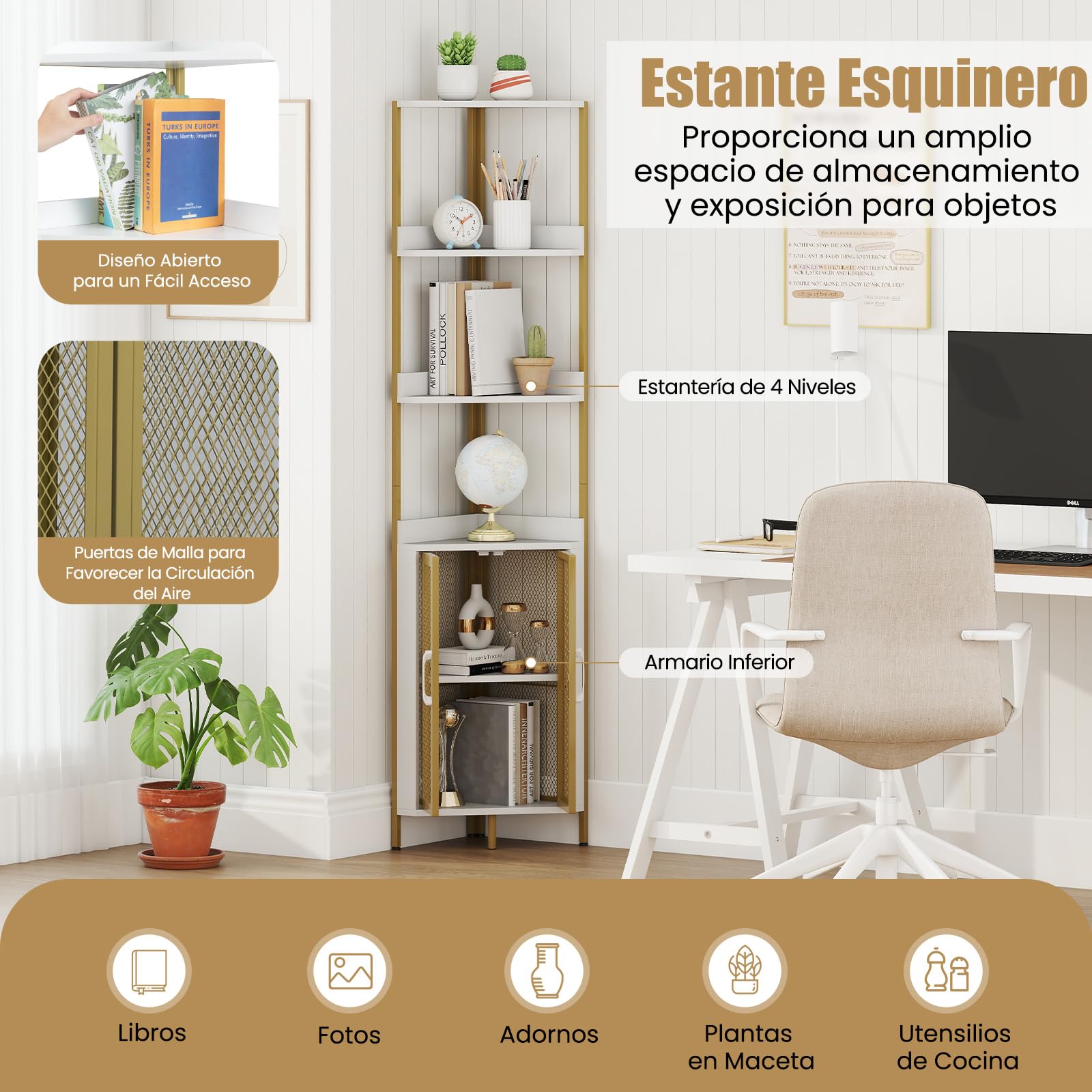 COSTWAY Estanteria Esquinera de 6 Niveles, Estanteria Esquina con Gabinete y Puertas, Estante Ajustable, Libreria Rinconera para Plantas, Salon Dormitorio Oficina Cocina, 32 x 32 x 170 cm (Blanco)