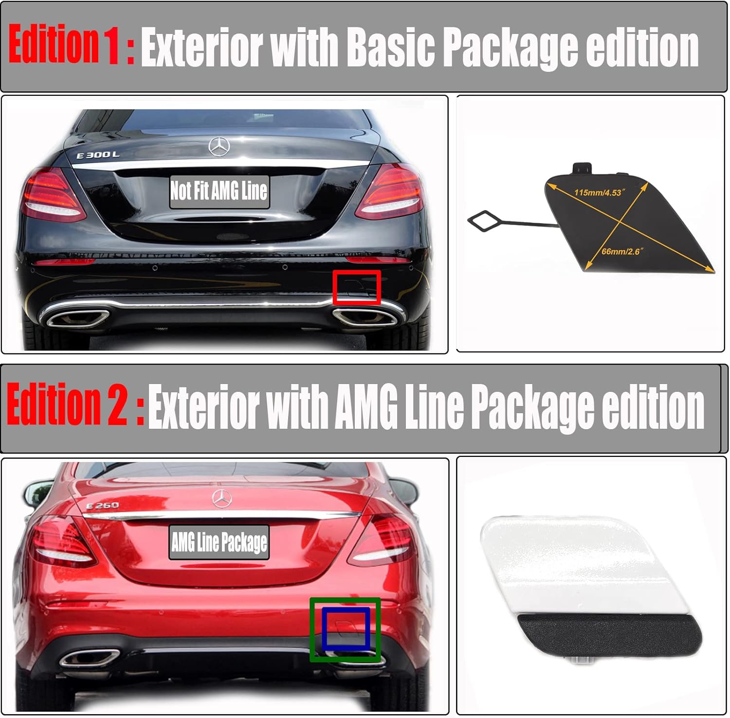Rear 3in1 Tow Cover Fit 17-20 Mercedes Benz E-Class W213 AMG Line for E200 E220 E250 E300 E350 E400 E500 E550 E63 2017 2018 2019 2020 Bumper Towing Hook Eye Cap 2138853701 (Black)