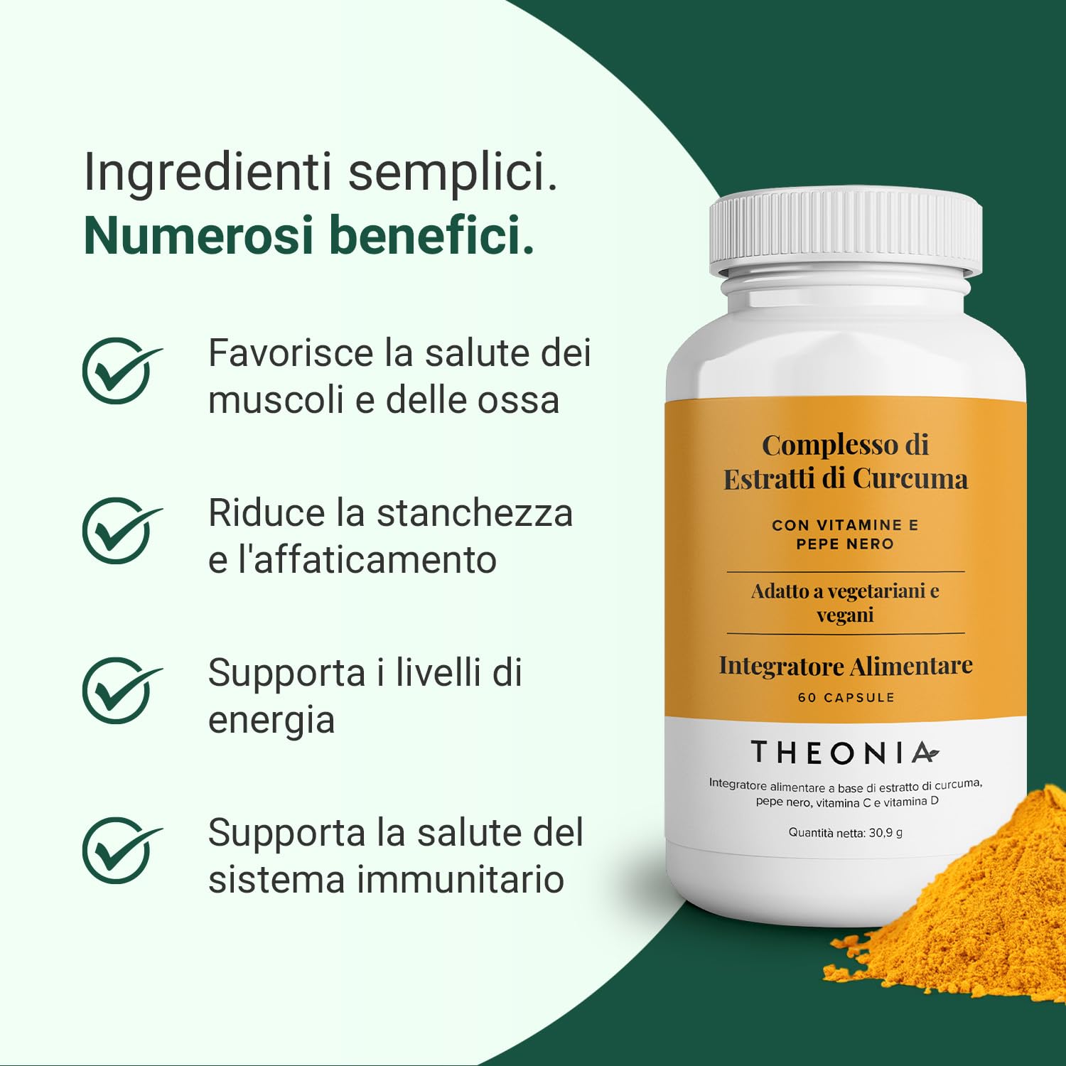 Theonia complesso di estratto di curcuma - Vitamina D3 e C, estratto di pepe nero - Supporta i muscoli e le articolazioni - Massima efficacia e maggiore assimilazione - 60 capsule vegane