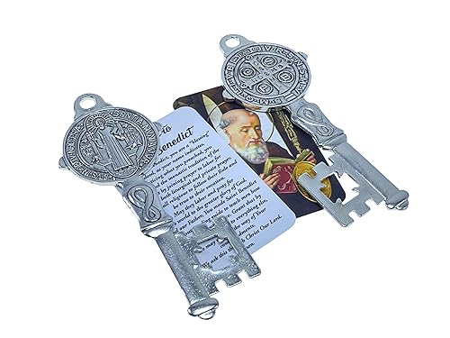 2 St Benedict Key Home Blessings Vintage Silver tone with Prayer Cards 2 Llaves de San Benito en tono Plata Vieja, bendiciones para el Hogar