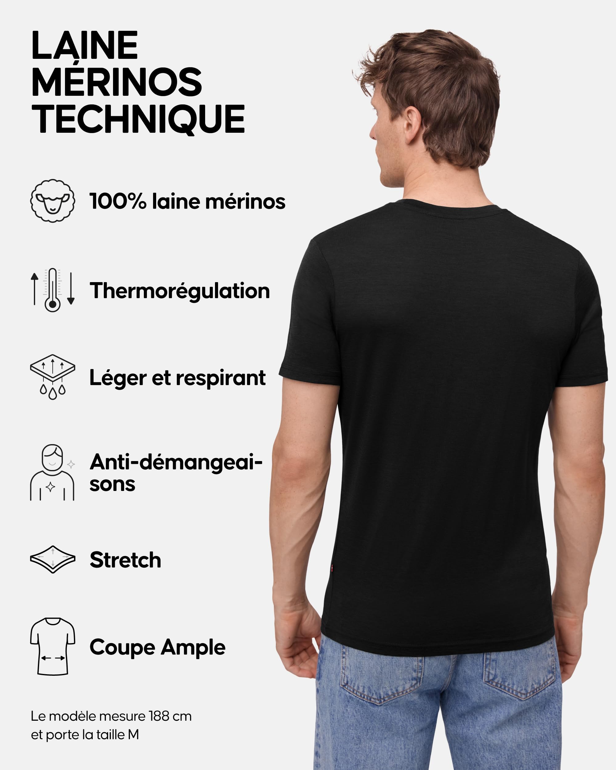 DANISH ENDURANCE T-Shirt 100% Laine Mérinos pour Homme, Léger et Respirant, Coupe Décontractée, Résistant aux Odeurs, Doux et Évacuant l'Humidité, Lot de 1 ou 2