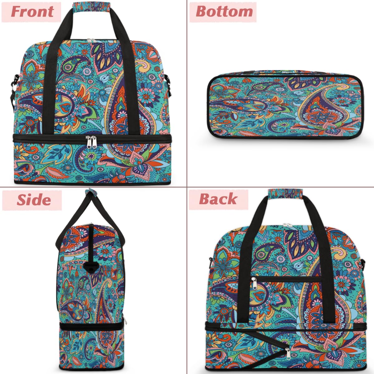 Bolsa de viaje plegable con patrón de cachemira, 47 L, bolsa de fin de semana con funda de carrito húmeda, bolsa de hombro separada para deportes, gimnasio, viajes, multicolor, 47L, Bolsa de viaje