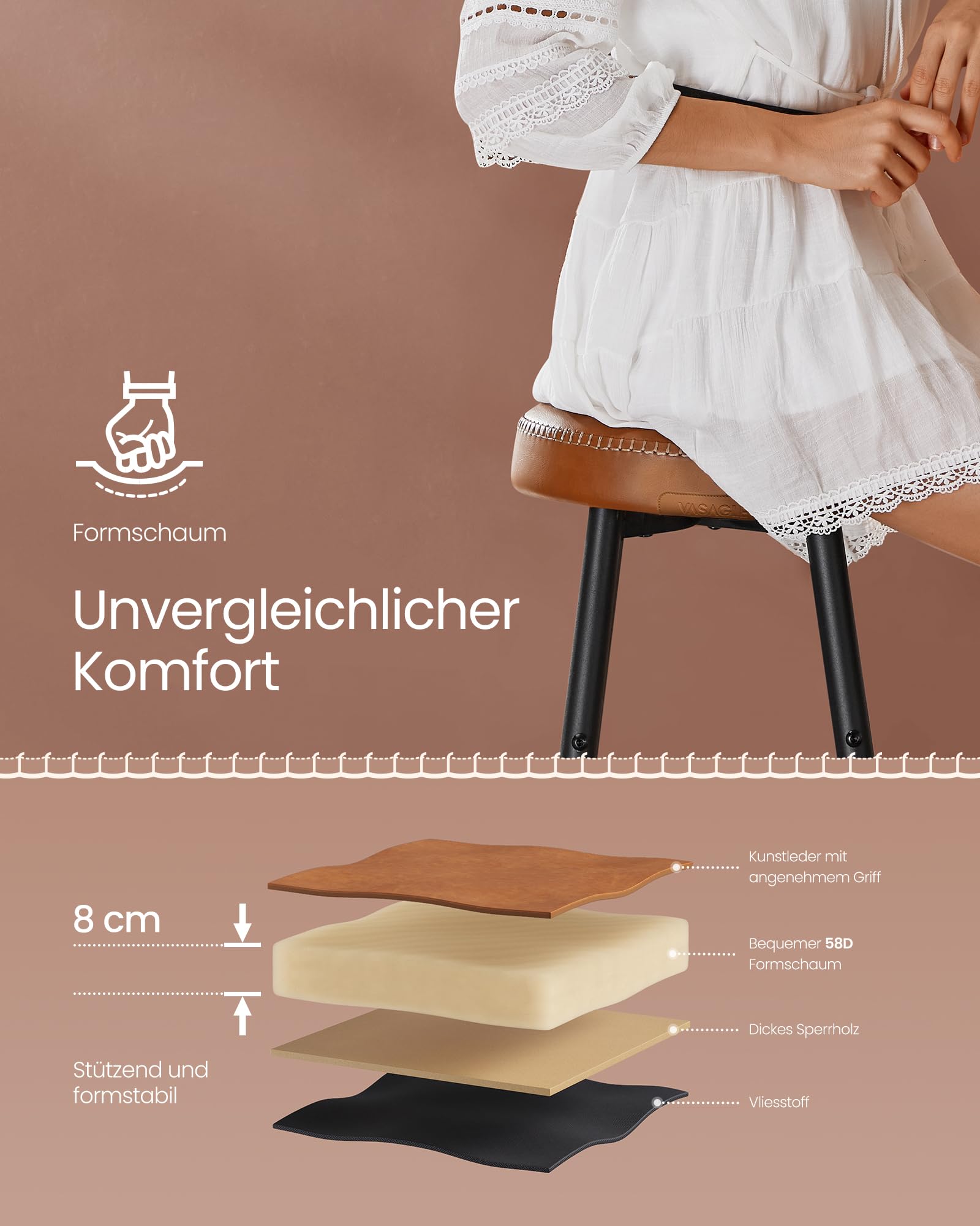 VASAGLE EKHO Kollektion - Barhocker 2er Set, Barstuhl, Küchenstuhl, Kunstleder, Mid-Century-Modern-Stil, 76 cm hoch, Küche, Esszimmer, einfacher Aufbau, karamellbraun und Mattschwarz LBC090K01V1