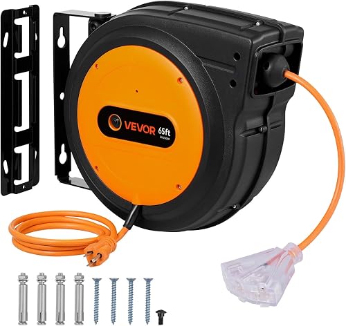 VEVOR 65FT Retractable Extension Cord Reel, Heavy Duty 12AWG/3C SJTOW Cord