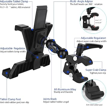 iTODOS Tablet Holder for Spin Bike, Stroller,Treadmill,Golf Cart, Wheelchair,Stationary Bike,Microphone Stand, Adjustable 7~11 Tablet Clip Fits iPad,Samsung Galaxy Tab, Google Nexus, Fire HD and GPS
