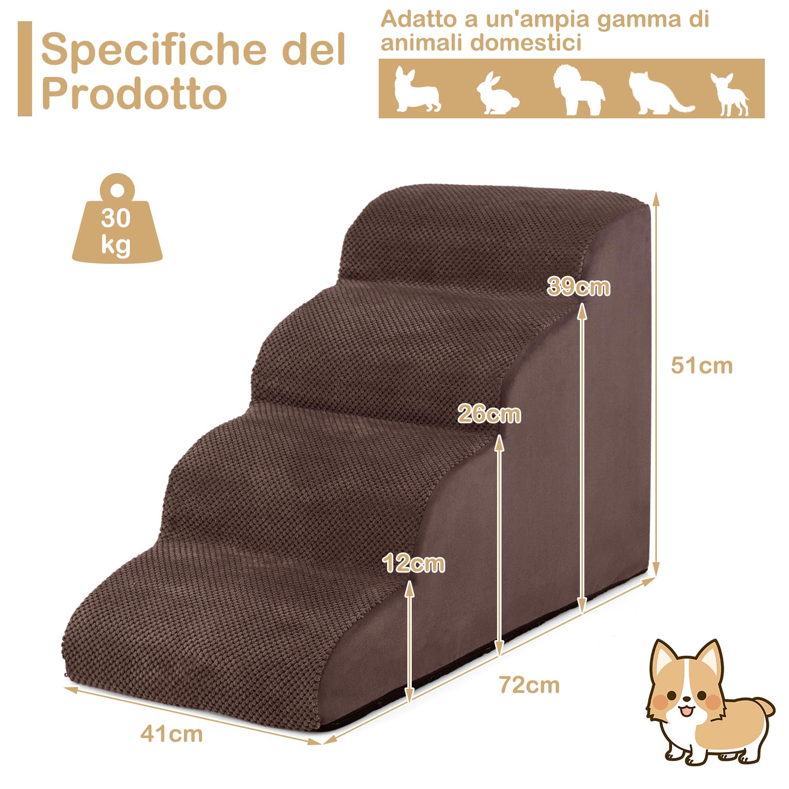 GYMAX Scaletta per Cani in Spugna, Fondo Antiscivolo, Rivestimento Rimovibile e Lavabile, Scala per Animali Domestici per Divano e Letto (4 Gradini - Caffè)