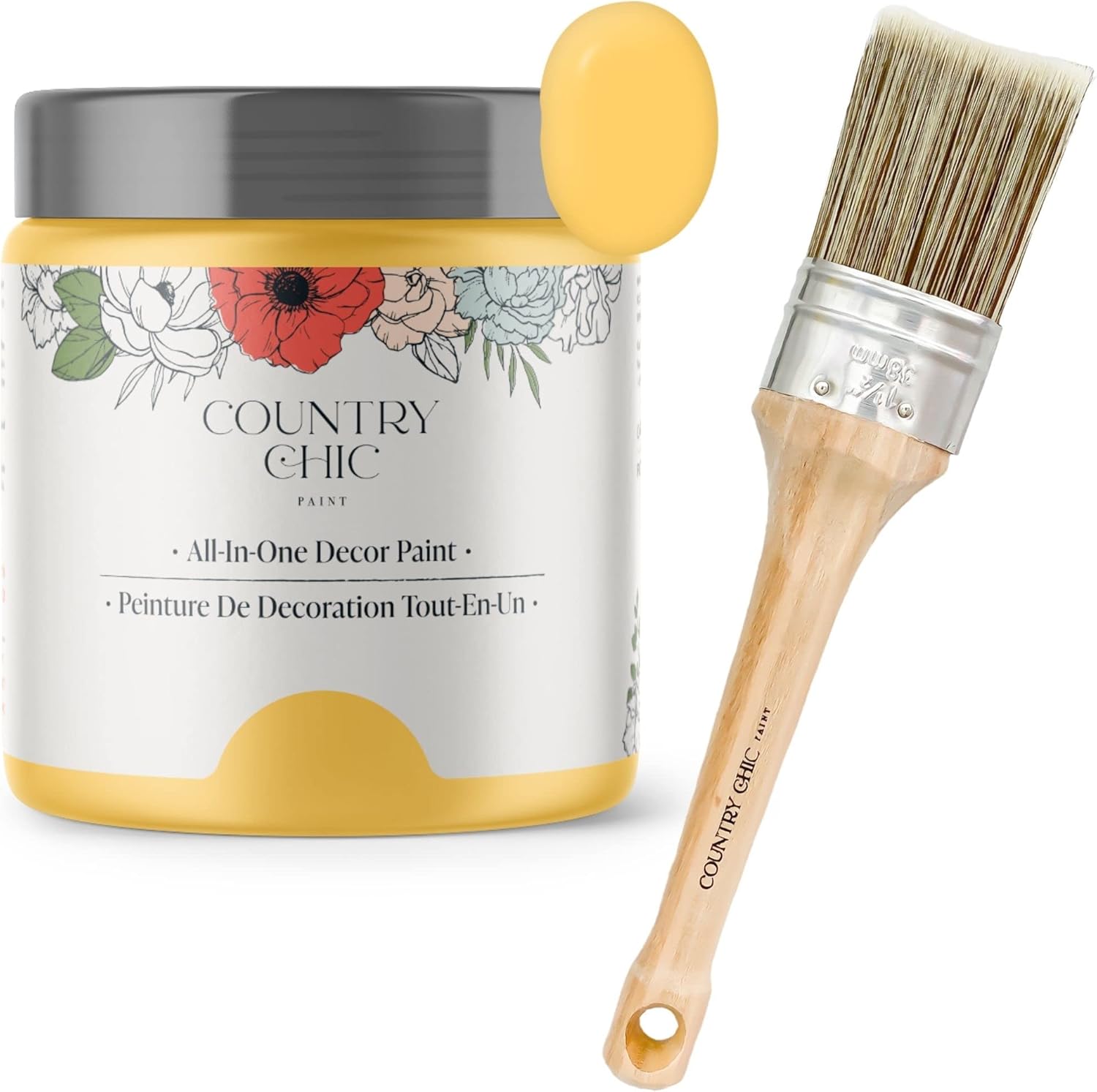 Chalk Style Paint + Paint Brush Bundle - for Furniture, Home Decor, Crafts (Color: Yellow Wellies [pint - 16 oz] - Bright Yellow)