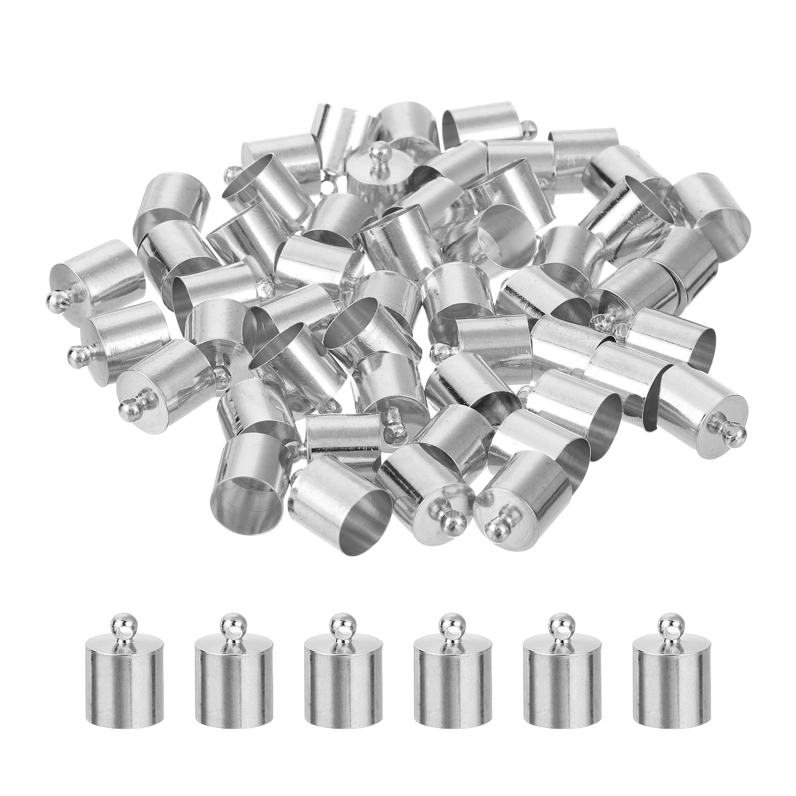 uxcell 50Pcs Leather Cord End Caps, 10mm OD Column Barrel Terminators for DIY Making Leather Bracelets Tassels, Rhodium Tone