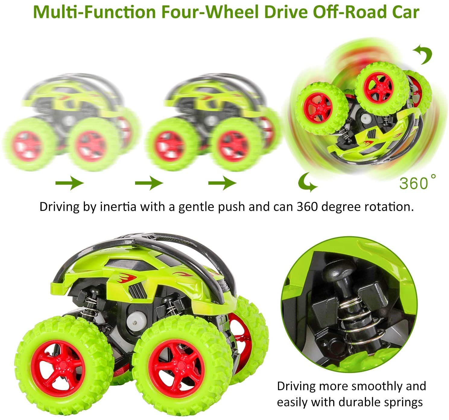 IndusBay® Inertia Friction 4X4 Wheel Monster Truck Offroad Zap Cars Push and Go Toy Trucks Friction Powered Cars 4WD 4 Wheel Drive Vehicles for Toddlers Children Boys Girls Kids Gift, Green 1