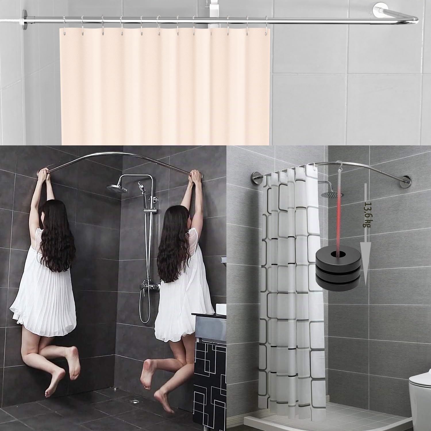 L-förmige Duschvorhangstange 60-133 cm x 60-133 cm, Verstellbare 304 Edelstahl L-Form Eck Duschstange, 90 Grad Gebogene Bohrfreie Installation, Kein Durchhängen für Badezimmer & Badewanne