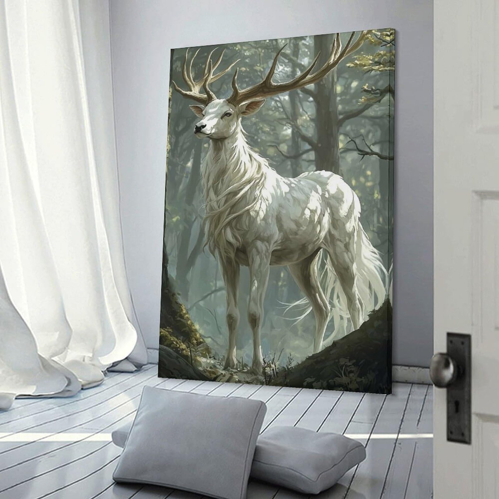 Junmoney Frame-Style-23 White Stag In Forest Wall Picture Print, 24X36inch(60X90cm), For Lounge, Study, Hallway Or Flat Walls, Canvas Wall Art That Fits Changing Layouts