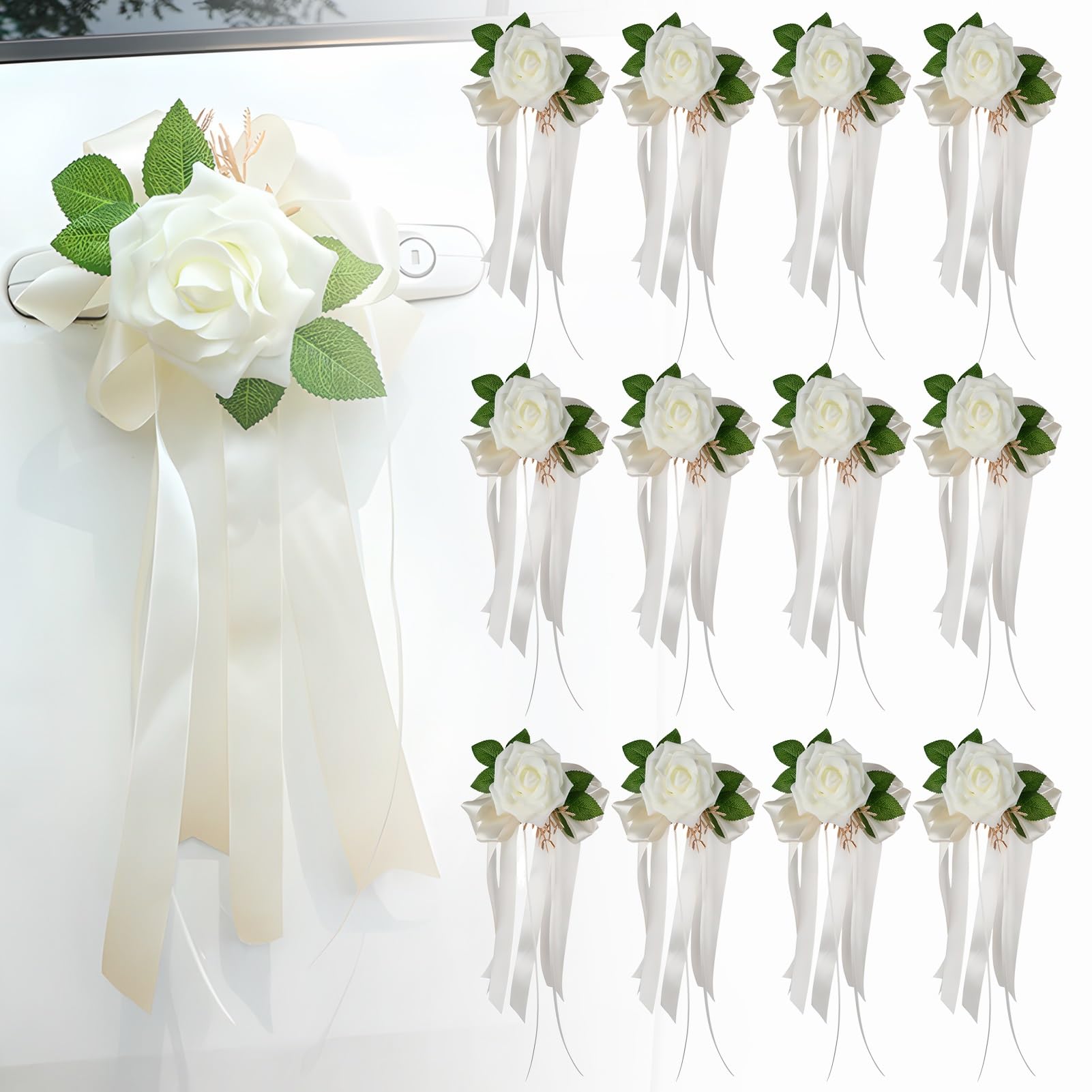 Flores blancas para espejos de autos de novios para una salida nupcial inolvidable