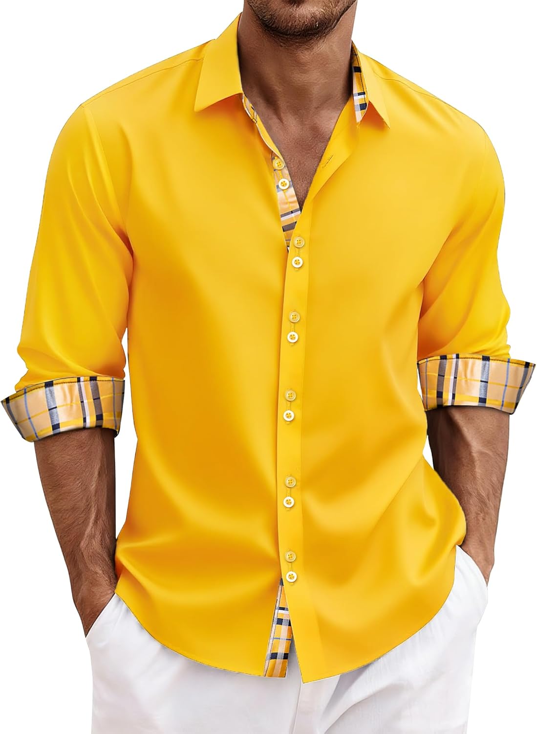 DiBanGu Men's Dress Shirt Long Sleeve Casual Button Down Shirts Regular Fit Inner Contrast Shirt for Business Party