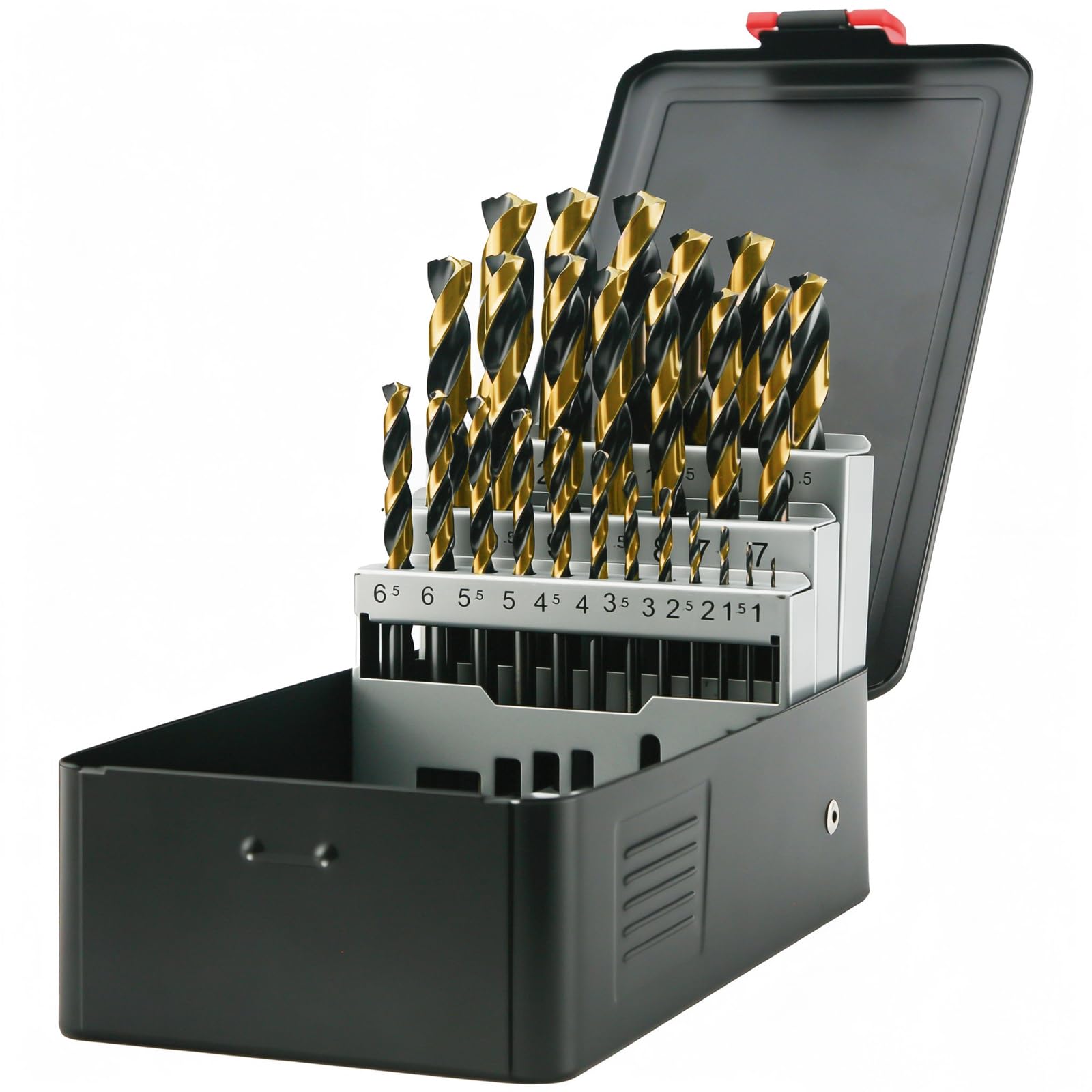 Jeux de forets, 25 pièces forets M2 Turbo HSS-G pour métal avec queue triangulaire, pointe auto-centreuse à 135° pour métal, acier inoxydable, cuivre (1,0-13 mm) par pas de 0,5 mm