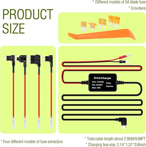 Miniatura 2 de Kit de cable de cámara de tablero USB C de 9.68 pies - 12V-30V a 5V 2.5A cargador de cámara de tablero de automóvil+4 tapones de fusible de coche de