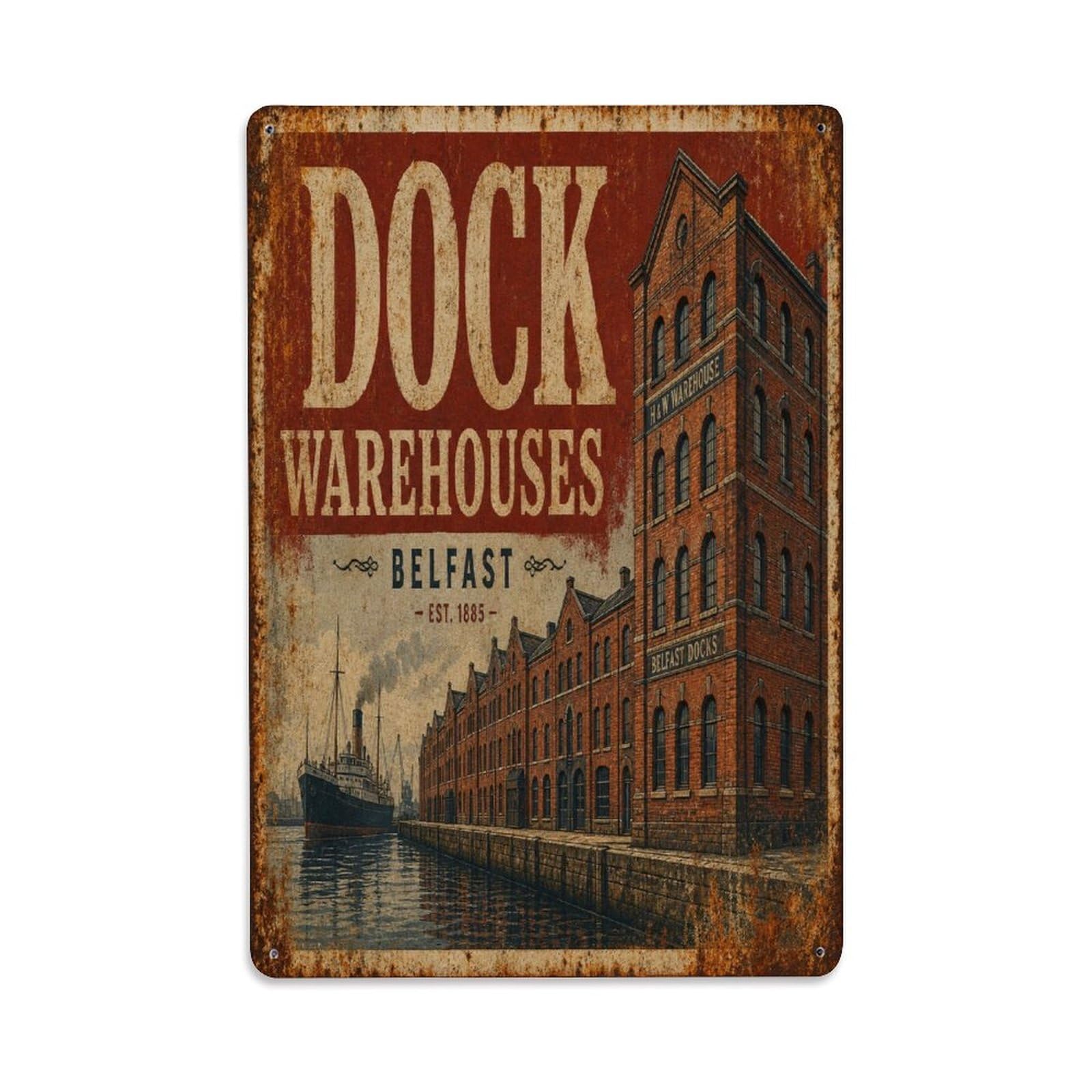 Belfast Northern Ireland Harbor Docks Warehouse Metal Tin Sign Plaque Wall Decor for Cafe, Man Cave, Club Bar, Office, Home Garden Round Metal Poster 8x12Inch