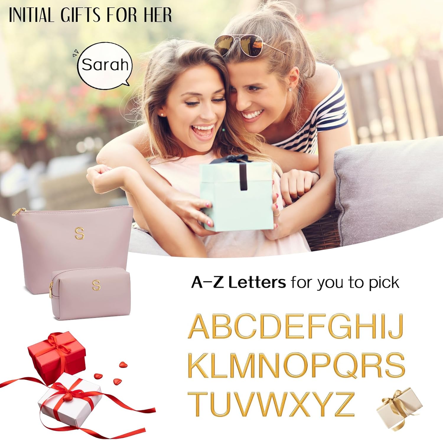 Women Gifts | Initial Makeup Bag Set for Girl Personalized Gifts for Bridesmaid Friend Graduation Teachers PU Leather Cosmetic Travel Toiletry Bag(Pink,L) Pink L