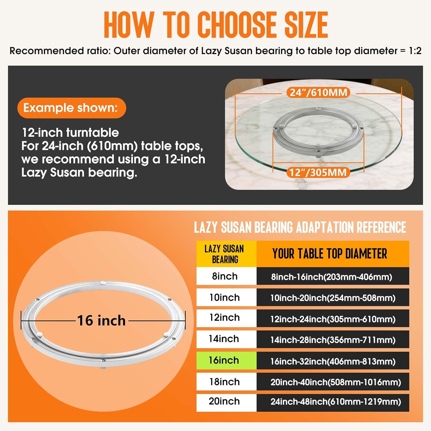 Heavy Duty Lazy Susan Turntable Bearing 16 Inch, 500lbs Capacity Rotating Swivel Plate for Round Table, Heavy Duty Swivel Base for Dining Room Kitchen