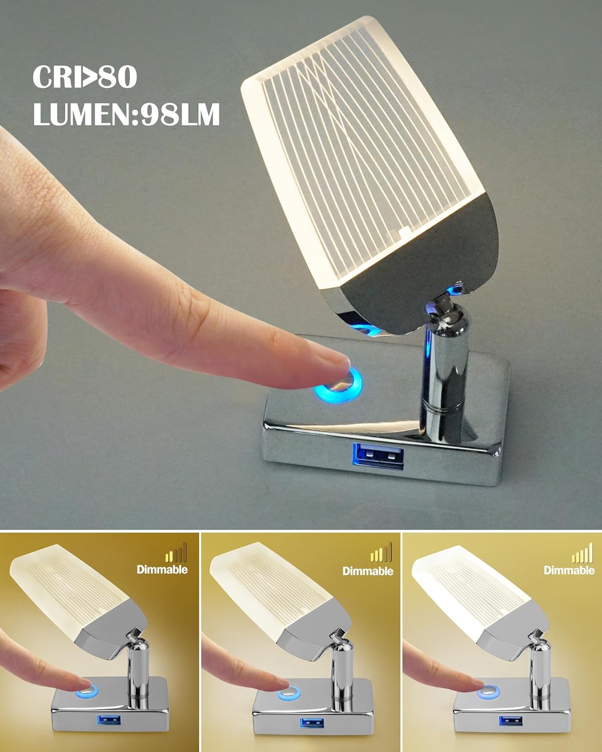1 Pack 12V RV Reading Light with USB Port - Built-in Touch Dimmer On-Off Switch Adjustable Warm White Brightness, Interior Bedside Lamps on Vehicle Caravan Truck Recreational Trailer Boat Yacht