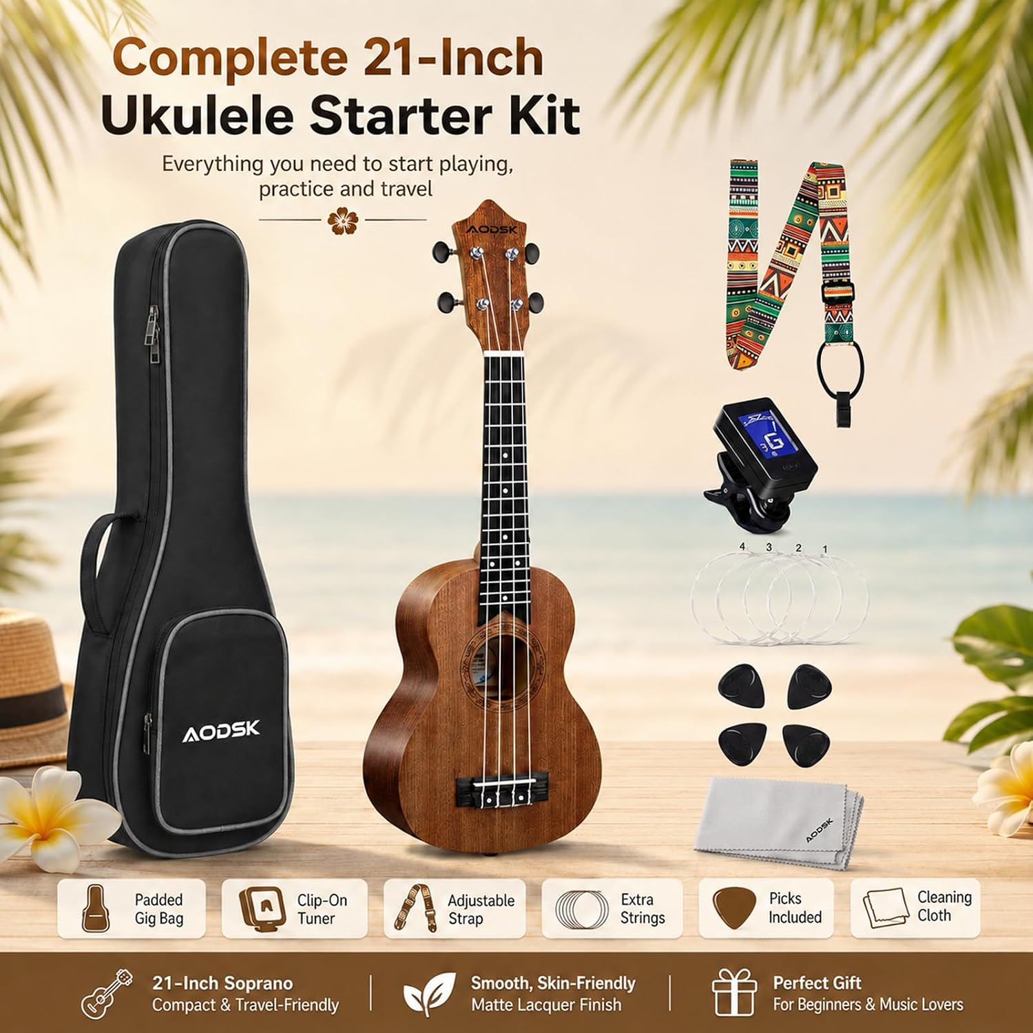 Ukelele Soprano AODSK 21 Pulgadas Kit Completo Pa Principiantes Funda Afinador 3