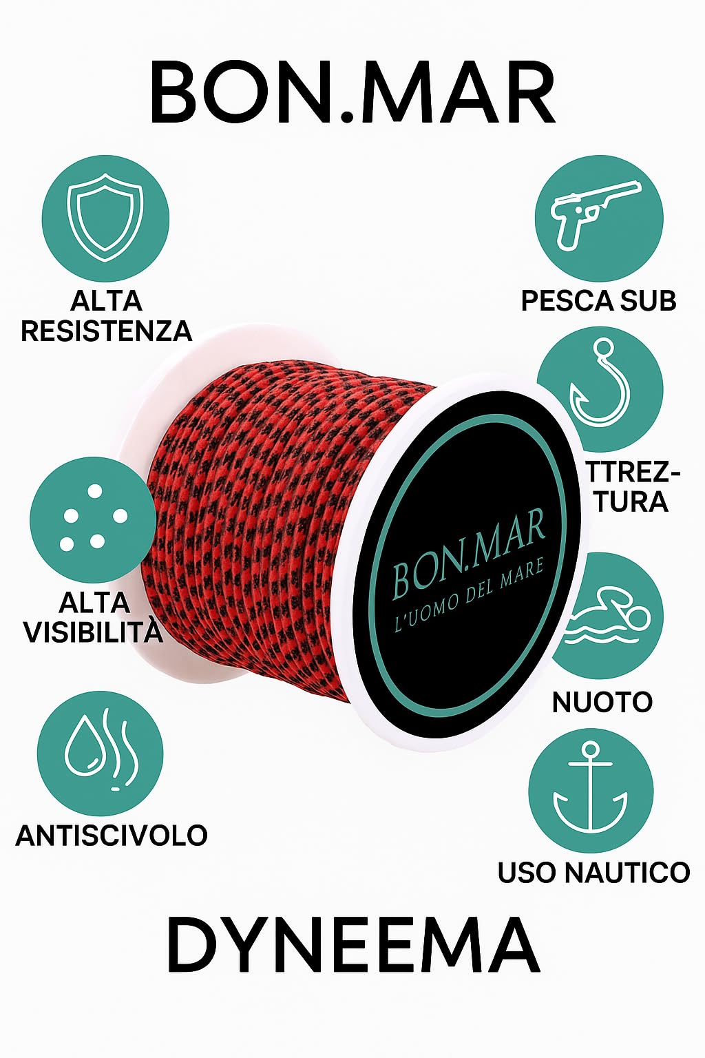 BON.MAR Corda Dyneema Rossa con Inserti Neri 1.5mm x 50mt – Carico Rottura 120kg | Antiscivolo, Alta Resistenza, Pesca Sub, Nautica, Outdoor, Fai da Te