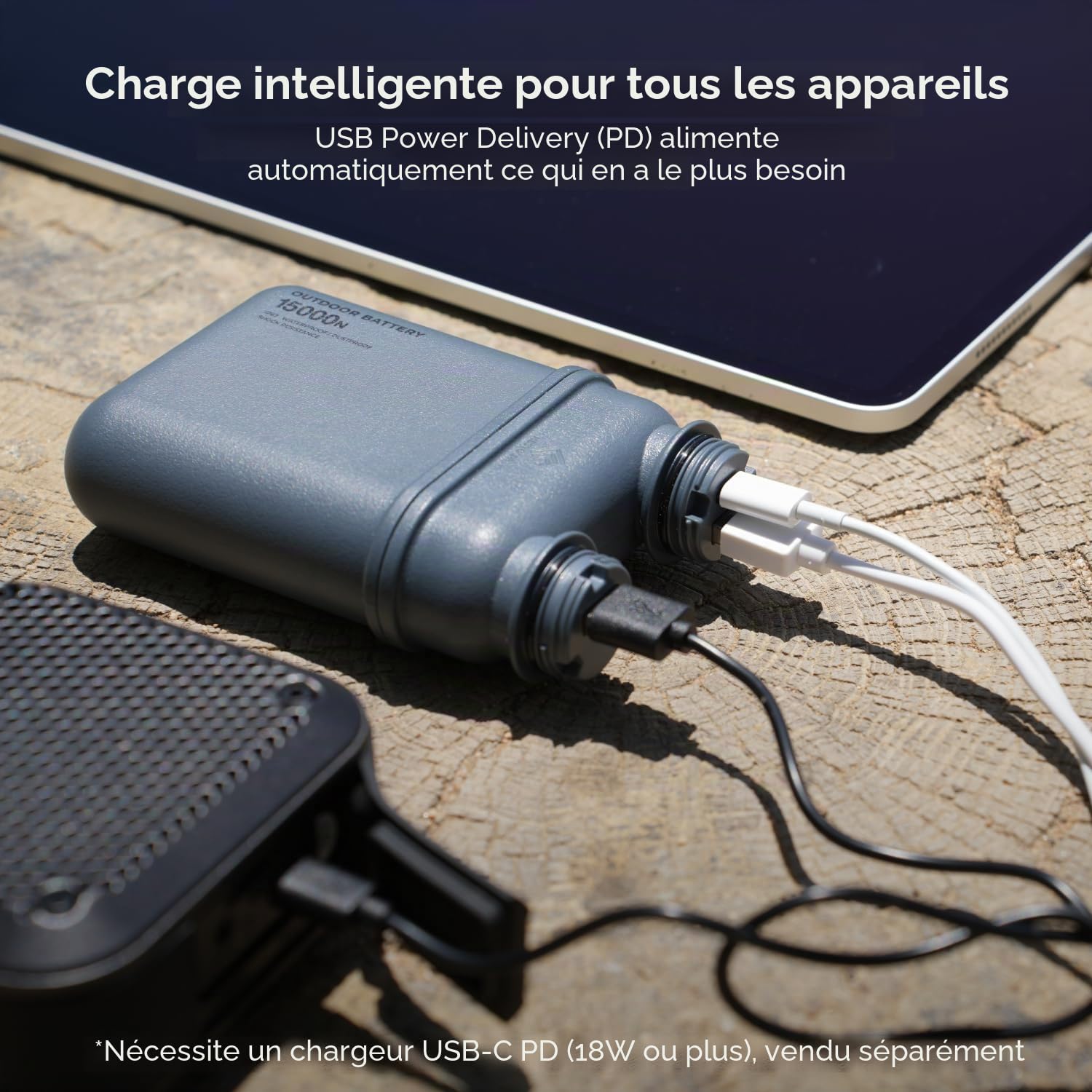 ELECOM NESTOUT Portable Charger, 15000mAh Outdoor Battery Power Bank, 32W USB-C Fast Charging PD, Waterproof IP67, Durable Shockproof, Battery Pack for Smartphone Tablet Hiking Travel Camping - Gray