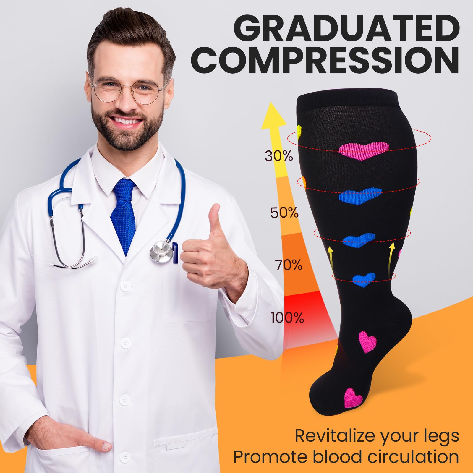 Croknit 8 Pairs 4x-large Plus Size Compression Socks for Women Men Wide Calf Extra Large Size Knee Support Socks for Circulation(Stylish Style)