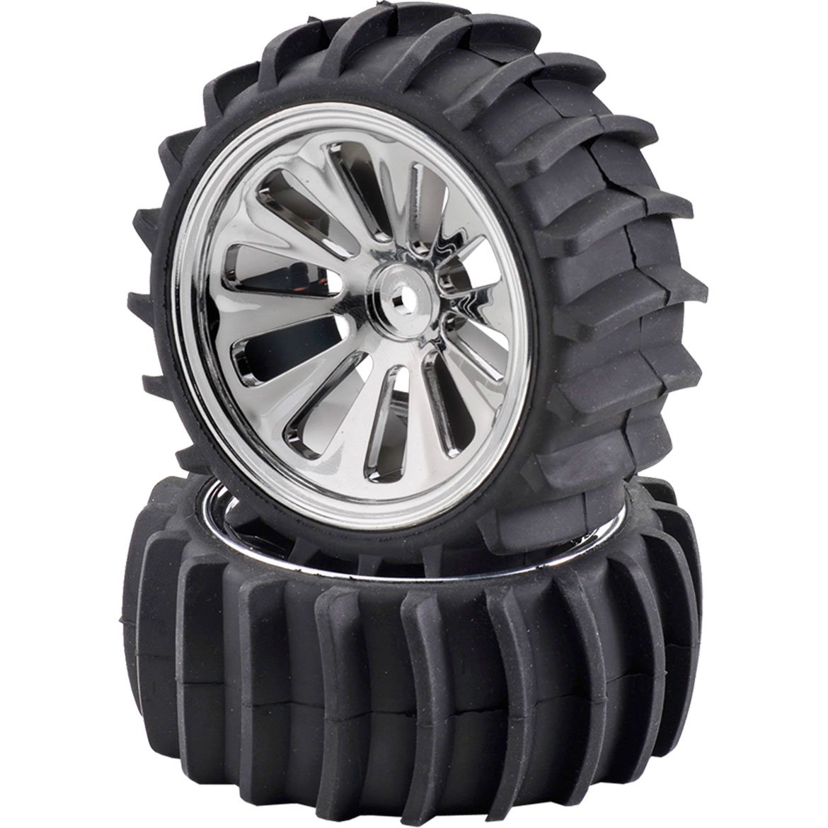 Carson 1:10 Buggy complete wheel with 10-spoke-RimChromeandBeach paddletyre profile (105201)