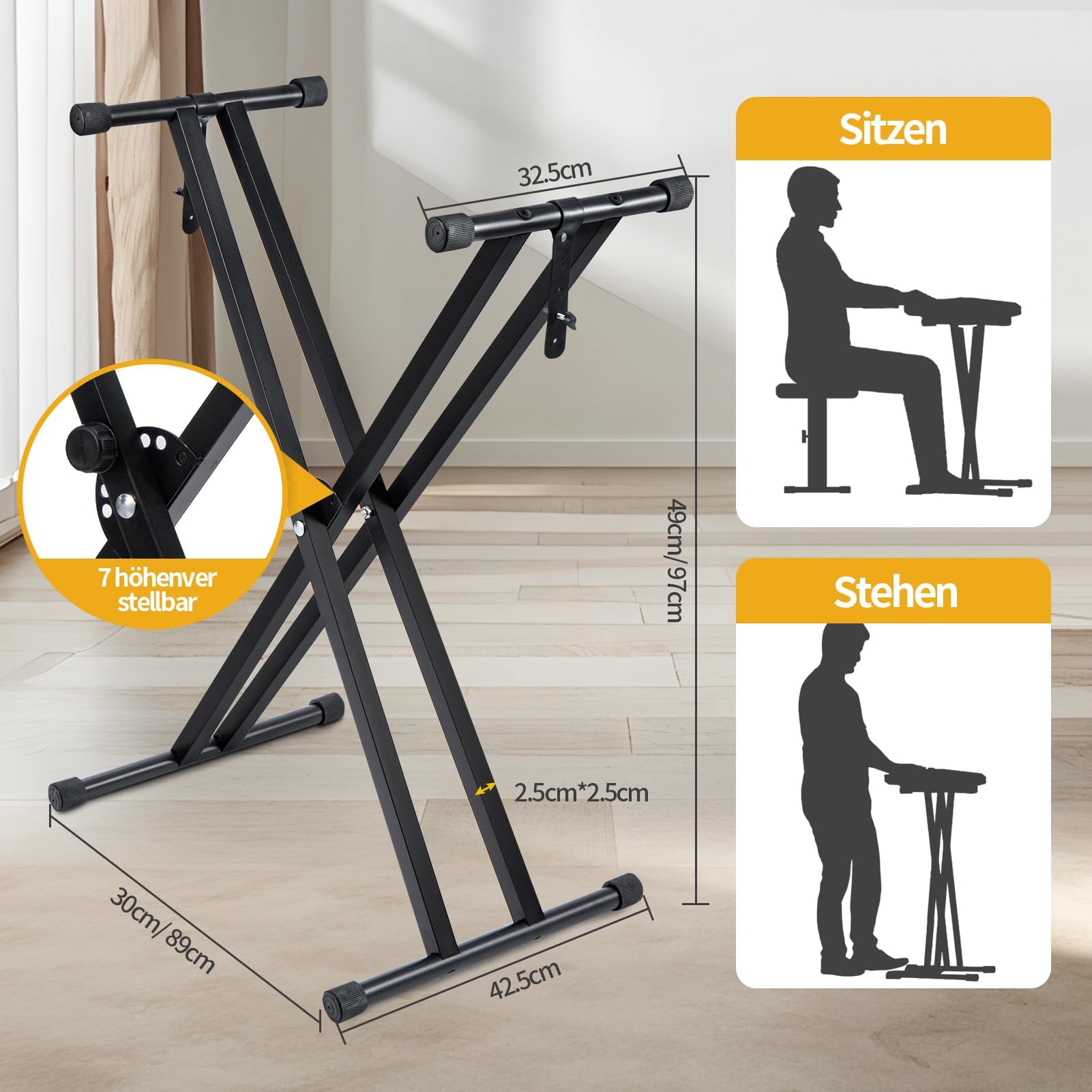 Supporto Tastiera 88 Tasti Doppia X 30KG, Stand Pianoforte Digitale Regolabile 49-97cm, Cavalletto Tastiera Universale 61/76/88 Tasti, Pieghevole in Acciaio Antiscivolo